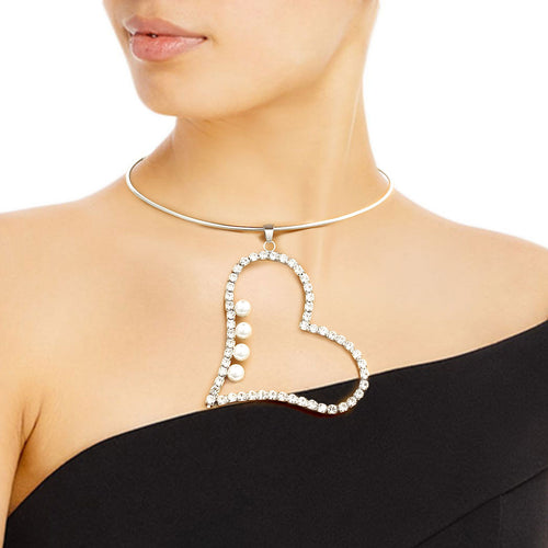 Silver Pearl Rhinestone Heart Choker