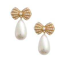 Load image into Gallery viewer, Gold Bow Cream Pearl Teardrop Earrings
