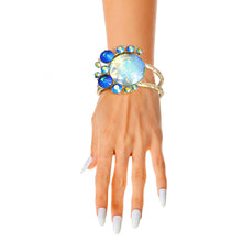 Load image into Gallery viewer, Gold Round Blue Crystals Hinge Cuff
