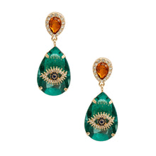 Load image into Gallery viewer, Green Crystal Teardrop Evil Eye Earrings
