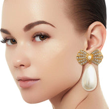 Load image into Gallery viewer, Gold Bow Pearl Teardrop Earrings
