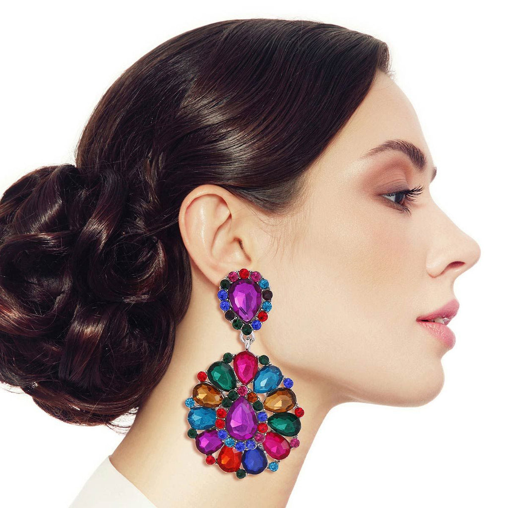 Clip On Brilliant Multi Teardrop Crystal Earrings