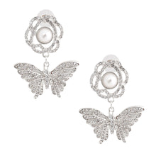 Load image into Gallery viewer, Silver Rose Butterfly Rhinestone Earrings
