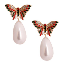 Load image into Gallery viewer, Red and Green Butterfly Pearl Earrings
