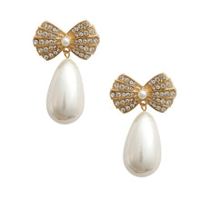 Load image into Gallery viewer, Gold Bow Pearl Teardrop Earrings
