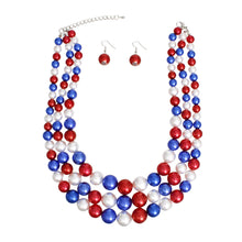 Load image into Gallery viewer, Pearl Necklace Red White Blue 3 Strand for Women
