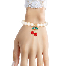 Load image into Gallery viewer, Bracelet Cream Pearl Cherry Red Rhinestone Charm

