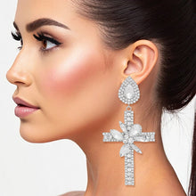 Load image into Gallery viewer, Drop Long Formal Silver Crystal Cross Earrings
