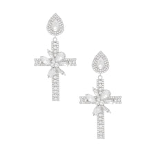Load image into Gallery viewer, Drop Long Formal Silver Crystal Cross Earrings
