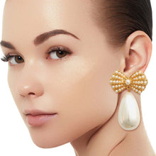 Load image into Gallery viewer, Gold Bow Cream Pearl Teardrop Earrings

