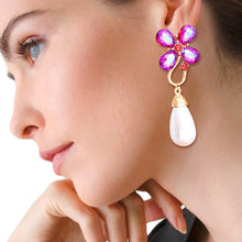 Load image into Gallery viewer, Purple Flower Pearl Teardrop Earrings
