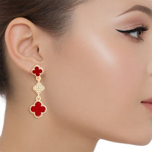 Load image into Gallery viewer, Dangle Gold Red Quatrefoil Rhinestone Earrings
