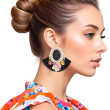 Load image into Gallery viewer, Studs Black Crystal Fan Tassel Floral Earrings
