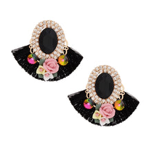 Load image into Gallery viewer, Studs Black Crystal Fan Tassel Floral Earrings
