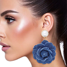 Load image into Gallery viewer, Drop Denim Dimensional Flower Pearl Earrings
