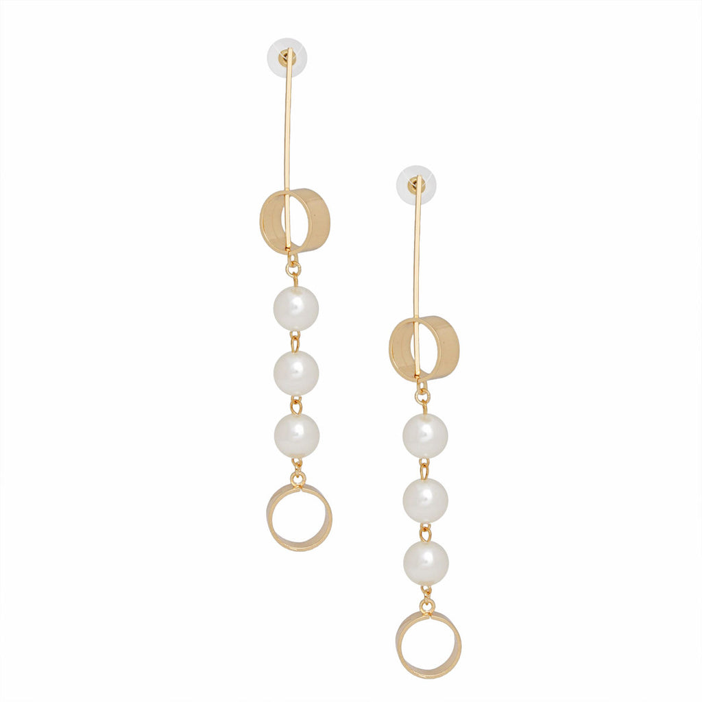 Dangle Long Geometric Gold and Pearl Earrings