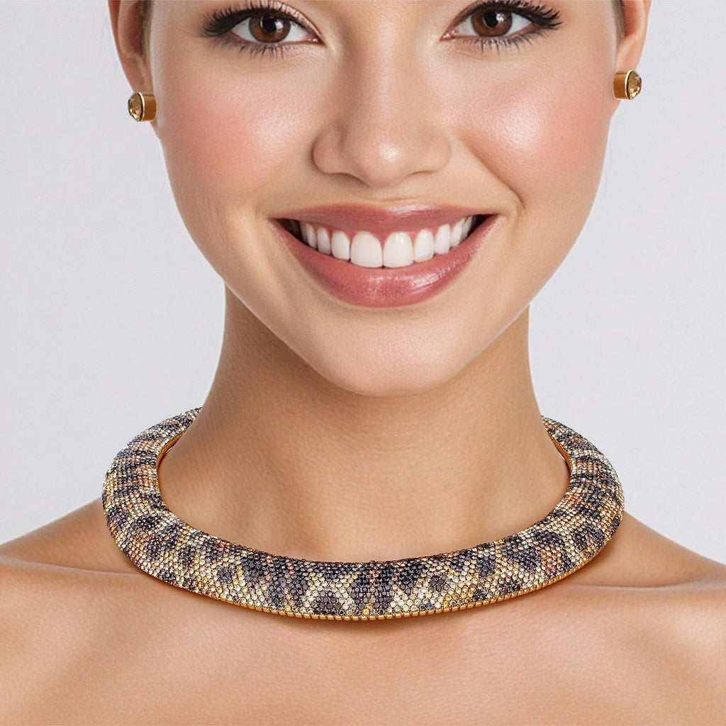 Collar Leopard Pave Rhinestone Torque Necklace