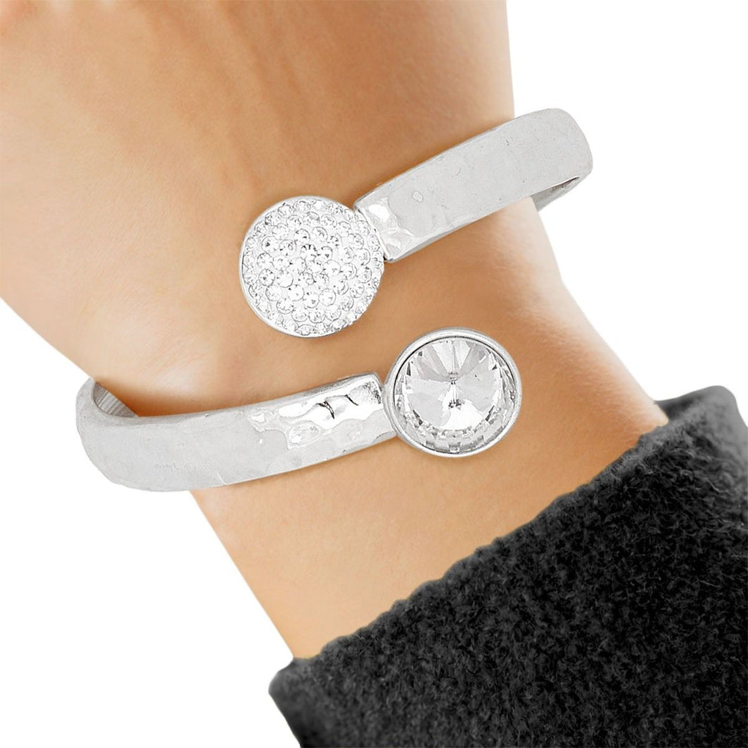 Cuff Hammered Silver Round Crystal Wrap Bracelet