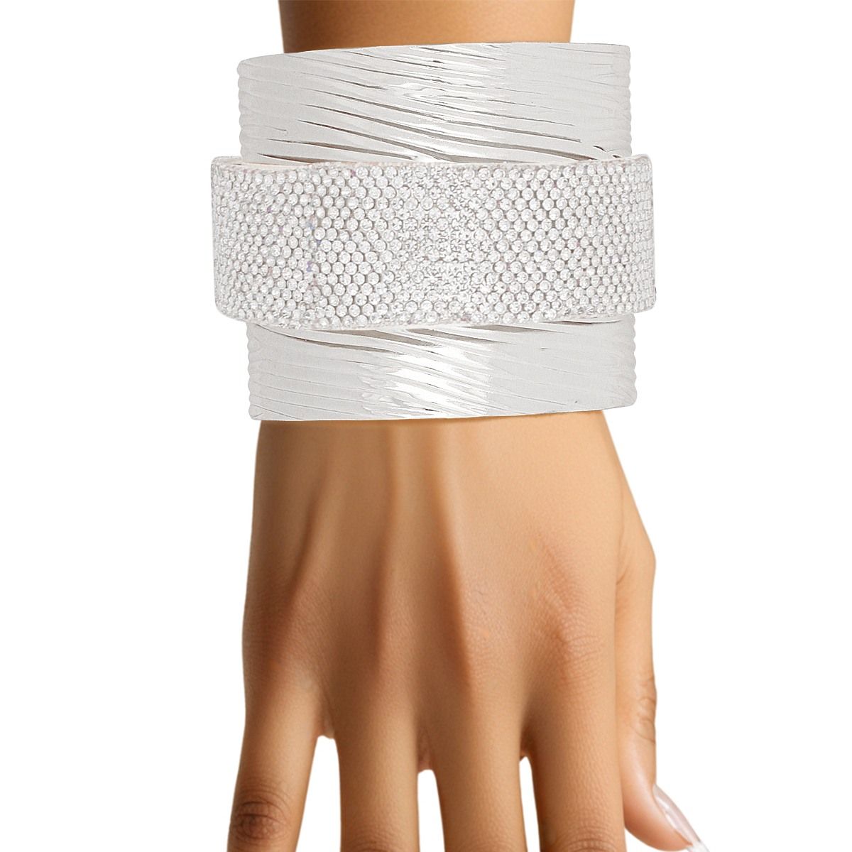 Cuff Silver Ribbed Clear Rhinestone Band Bracelet