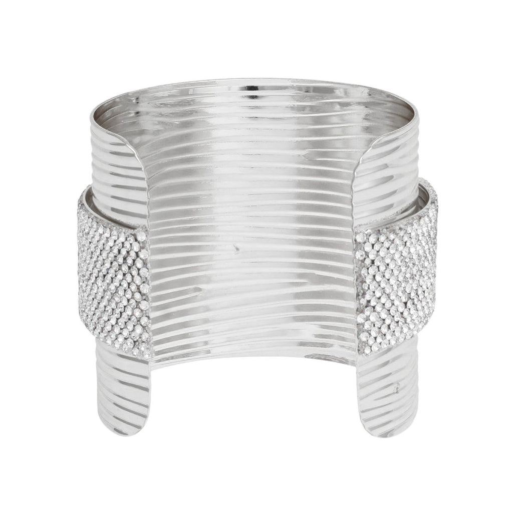 Cuff Silver Ribbed Clear Rhinestone Band Bracelet