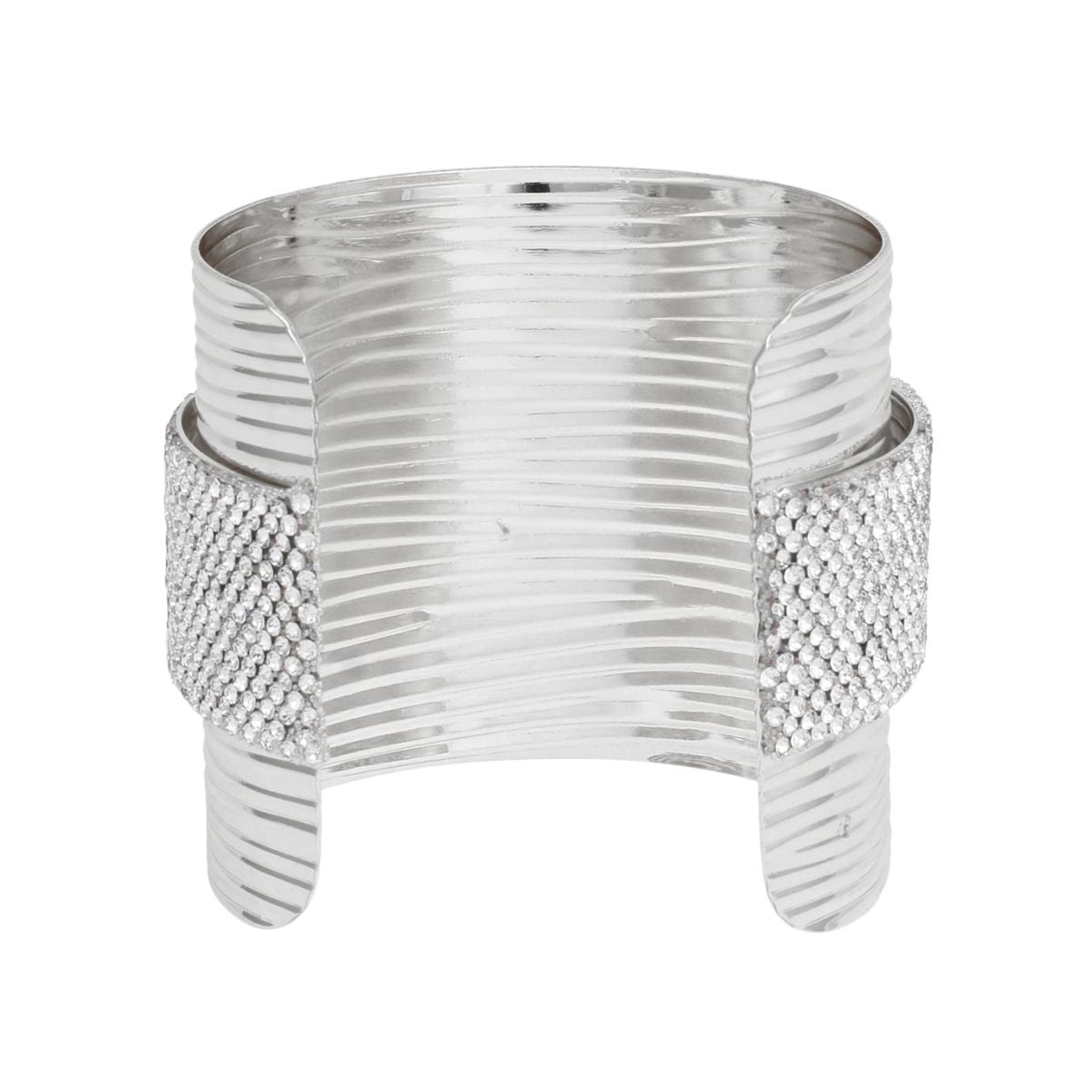 Cuff Silver Ribbed Clear Rhinestone Band Bracelet