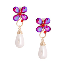 Load image into Gallery viewer, Purple Flower Pearl Teardrop Earrings
