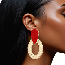 Load image into Gallery viewer, Drop Gold Red Rhinestone Elongated Oval Earrings
