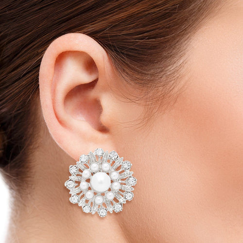 Clip On Runway Worthy Silver Pearl Round Earrings