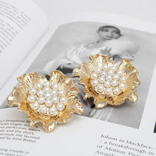 Load image into Gallery viewer, Clip On Gold Sculpted Floral Cream Pearl Earrings
