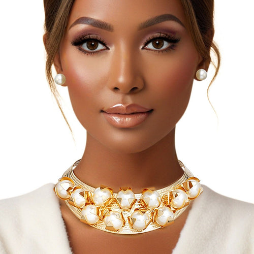 Choker Gold Rigid Pearl Armor Collar Set Women