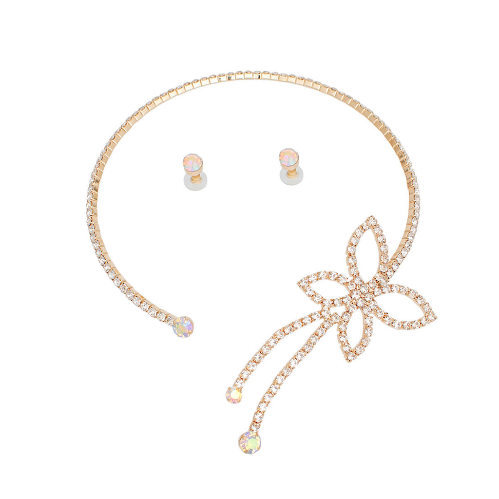 Memory Wire Choker Gold Rhinestone Butterfly Set