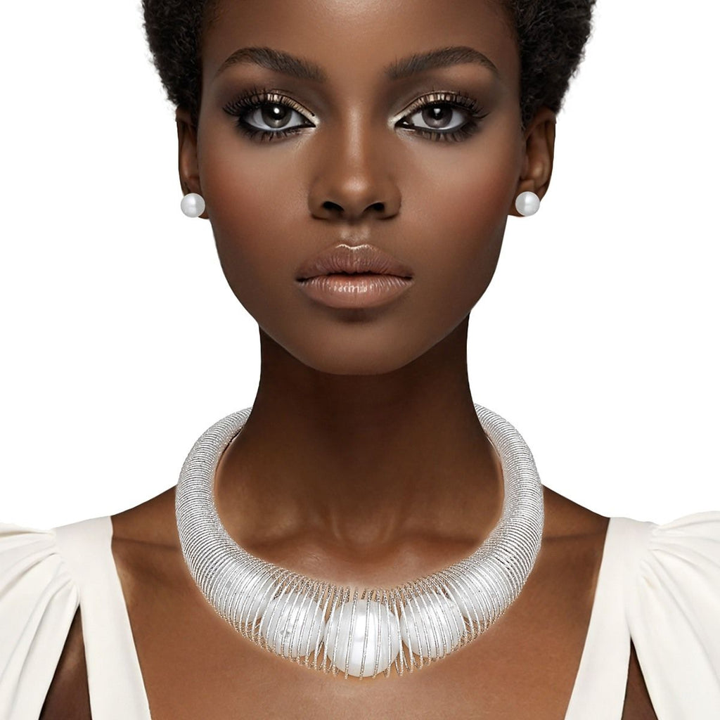 Collar Silver Spring Chain Pearl Filled Necklace