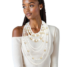 Load image into Gallery viewer, Long 7 Strand Cream Pearl Gold Ball Bead Necklace
