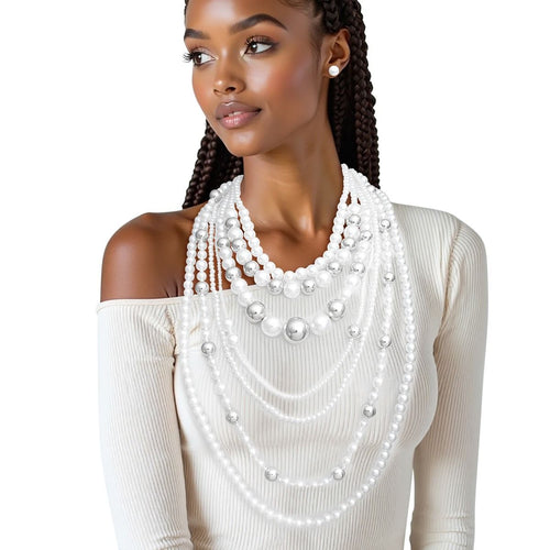 Long 7 Strand White Pearl Silver Ball Bead Necklace
