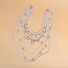 Load image into Gallery viewer, Long 7 Strand White Pearl Silver Ball Bead Necklace
