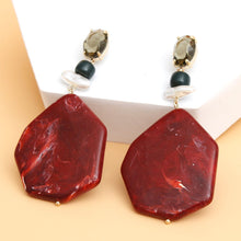 Load image into Gallery viewer, Dangle Red Marble and Olive Oval Crystal Earrings
