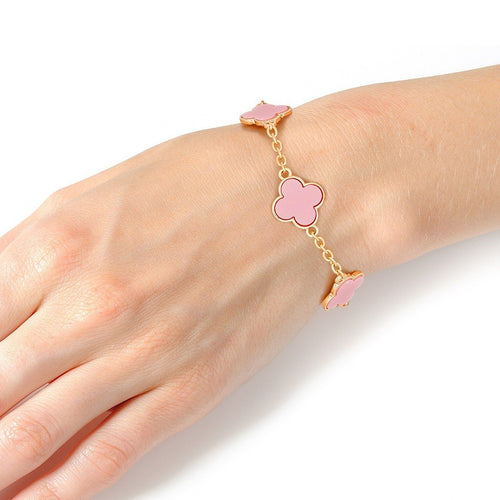 Gold Chain Bracelet Pink Quatrefoil Clovers Women
