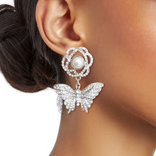 Load image into Gallery viewer, Silver Rose Butterfly Rhinestone Earrings
