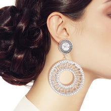 Load image into Gallery viewer, Sparkle in Style: Silver Rhinestone Greek Key Earrings- 3 Inches
