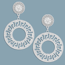 Load image into Gallery viewer, Sparkle in Style: Silver Rhinestone Greek Key Earrings- 3 Inches
