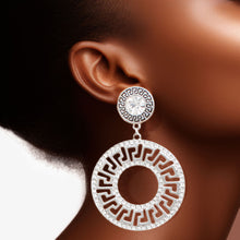 Load image into Gallery viewer, Sparkle in Style: Silver Rhinestone Greek Key Earrings- 3 Inches
