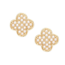 Load image into Gallery viewer, Studs Gold Cream Pearl Quatrefoil Clover Earrings
