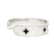 Load image into Gallery viewer, Cuff Silver Black Quatrefoil Rhinestone Bangle
