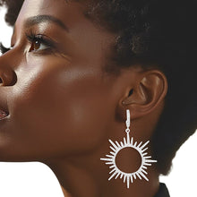 Load image into Gallery viewer, Drop Silver Open Hoop Sunburst Rhinestone Earrings

